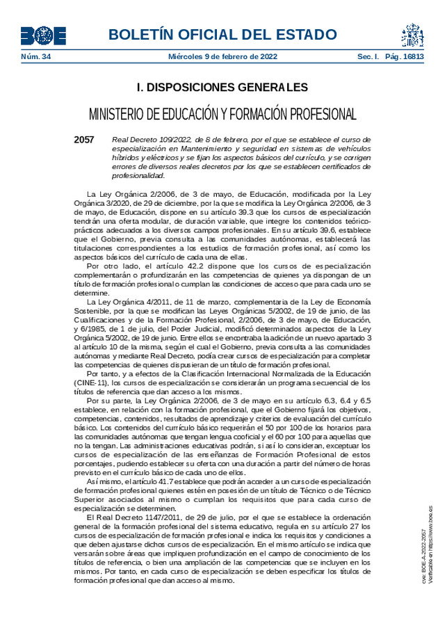 Se establece el curso de especialización en Mantenimiento y seguridad en sistemas de vehículos híbridos y eléctricos y se fijan los aspectos básicos del currículo