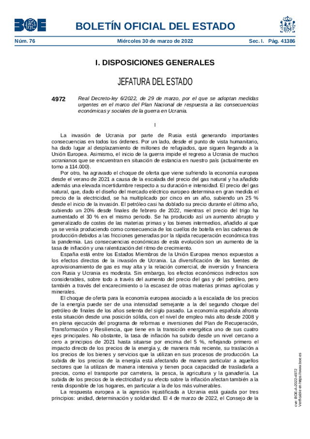 Se adoptan medidas urgentes en el marco del Plan Nacional de respuesta a las consecuencias económicas y sociales de la guerra en Ucrania