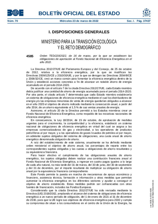 Se establecen las obligaciones de aportación al Fondo Nacional de Eficiencia Energética en el año 2022