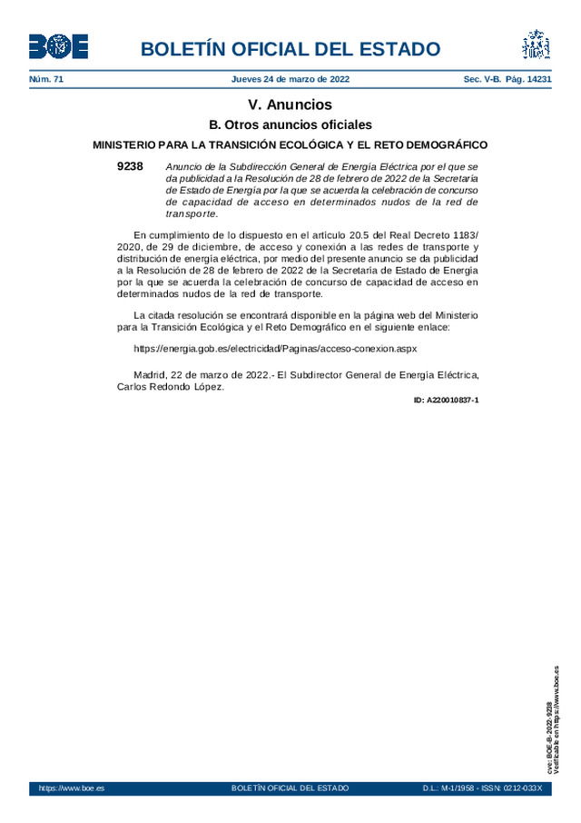 Se acuerda la celebración de concurso de capacidad de acceso en determinados nudos de la red de transporte