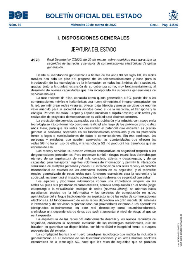 Se establecen requisitos para garantizar la seguridad de las redes y servicios de comunicaciones electrónicas de quinta generación