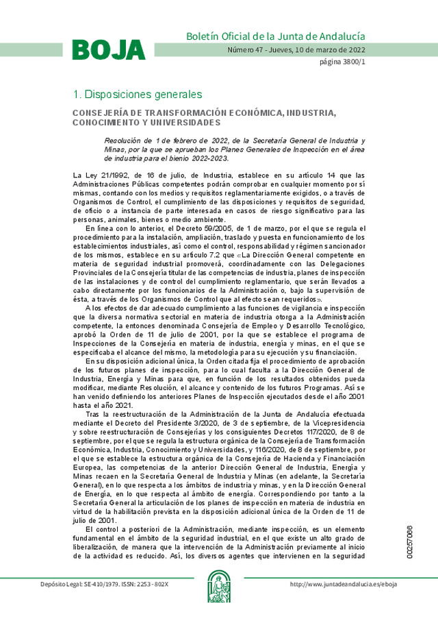 Planes Generales de Inspección en el área de industria para el bienio 2022-2023 de Andalucía