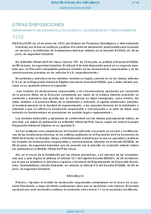 Se publica en el País Vasco, el modelo de declaración responsable para la puesta en servicio y modificación de instalaciones térmicas.