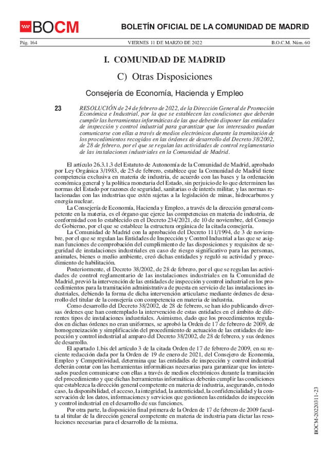 Se establecen en Madrid las condiciones que deben cumplir las herramientas informáticas de las que deben disponer las entidades de inspección y control industrial