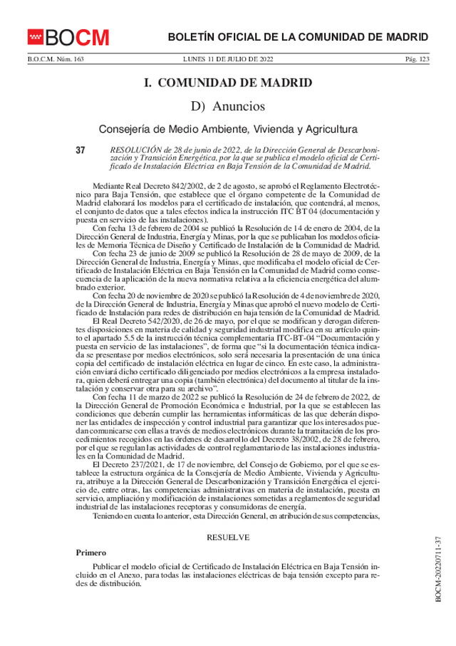 Se publica el modelo oficial de Certificado de Instalación Eléctrica en Baja Tensión de la Comunidad de Madrid.