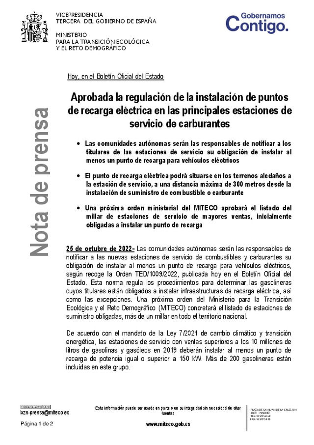 Aprobada la regulación de la instalación de puntos  de recarga eléctrica en las principales estaciones de  servicio de carburantes