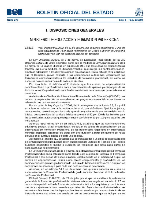 Se establece el curso de especialización de Formación Profesional de Grado Superior en Auditoría energética y se fijan los aspectos básicos del currículo.