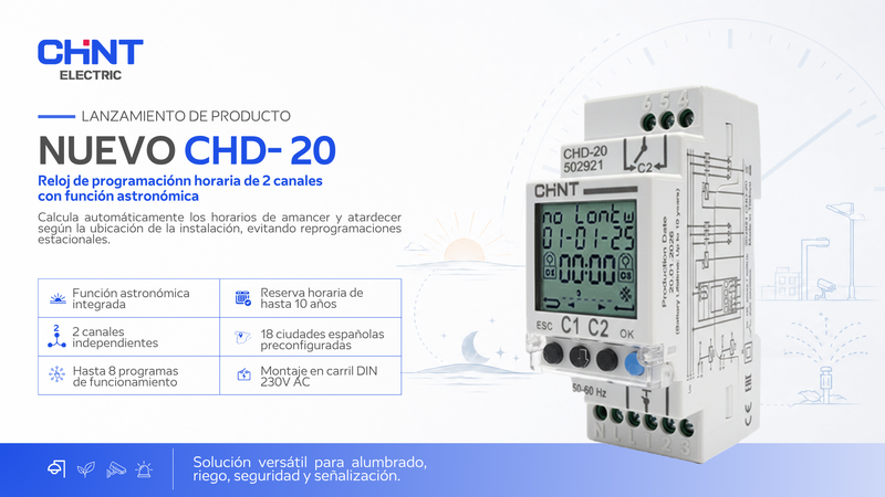 CHINT lanza un nuevo reloj de programación horaria de dos canales con función astronómica.