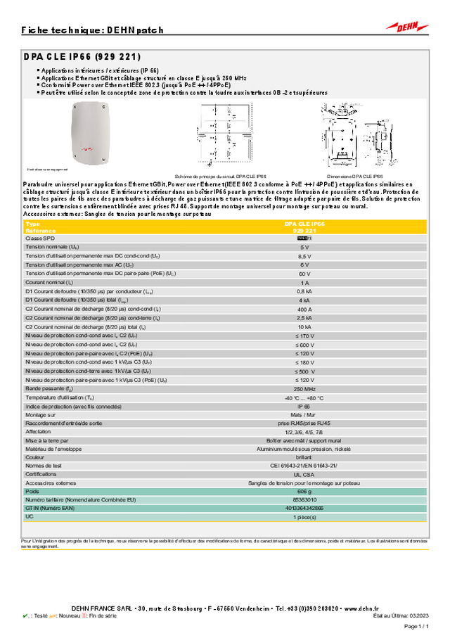 Protection surtensions et foudre pour les applications Ethernet : la fiche technique du parafoudre DEHNpatch