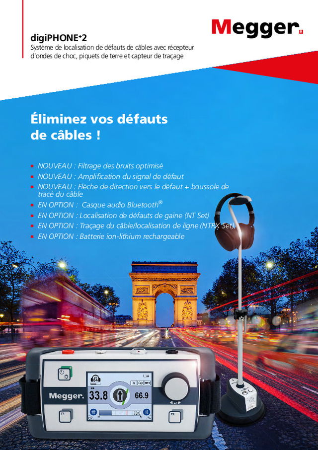 digiPHONE+2 : système de localisation de défauts de câbles avec récepteur d‘ondes de choc, piquets de terre et capteur de traçage