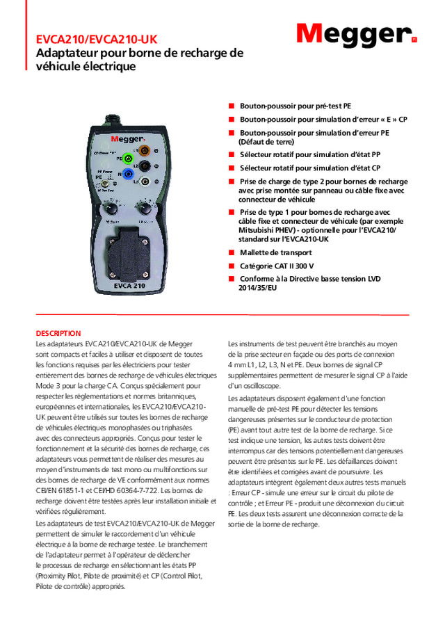 Borne de recharge de véhicule électrique : les adaptateurs EVCA210/EVCA210-UK de Megger