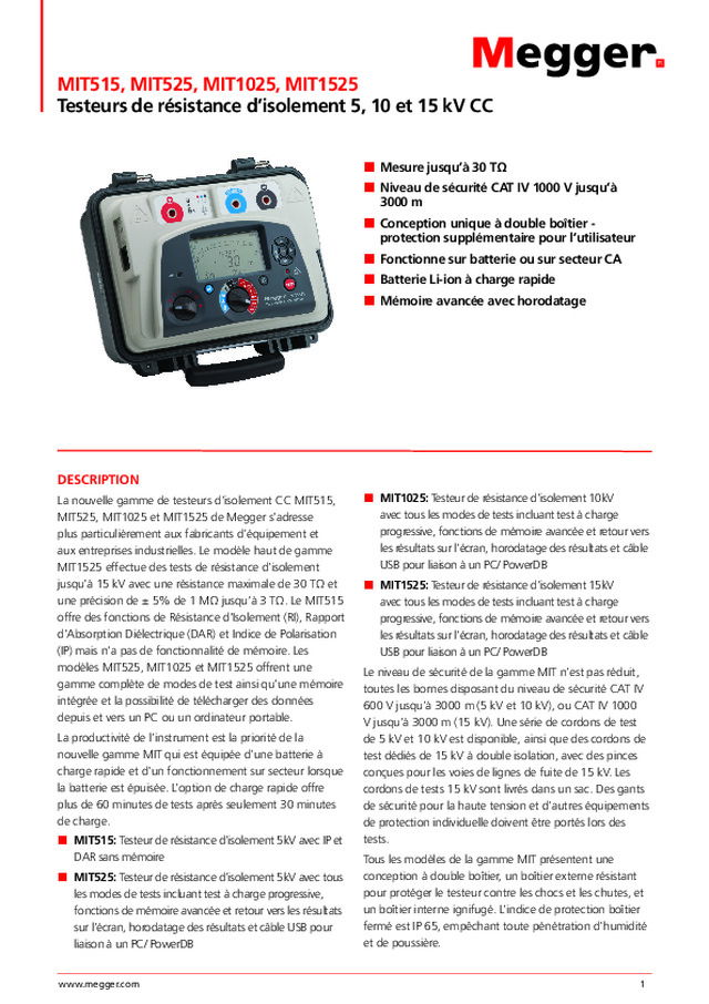 Megger présente ses testeurs de résistance d'isolement 5, 10 et 15 kV CC