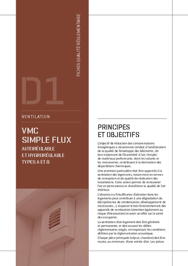 VMC simple flux autoréglable et hygroréglable types A et B : les « Fiches qualité réglementaire » du Cerema et de l'AQC
