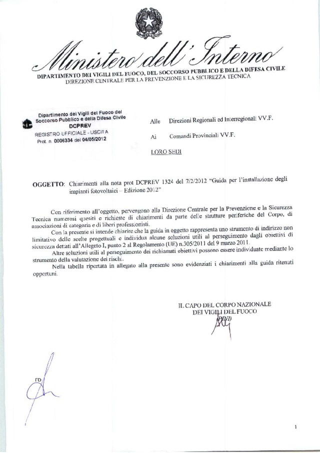 Circolare Vigili del Fuoco sugli impianti fotovoltaici n. 6334 del 04/05/2012