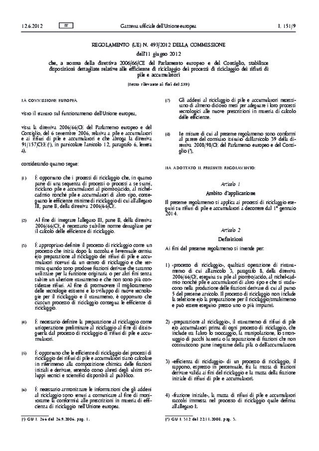 Pile e accumulatori: pubblicato il nuovo regolamento sul riciclaggio dei rifiuti
