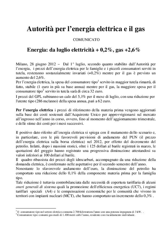 Resta stabile il prezzo dell\'elettricità