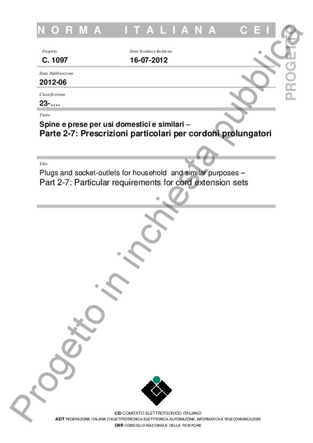 Progetto di norma CEI sui cordoni prolungatori