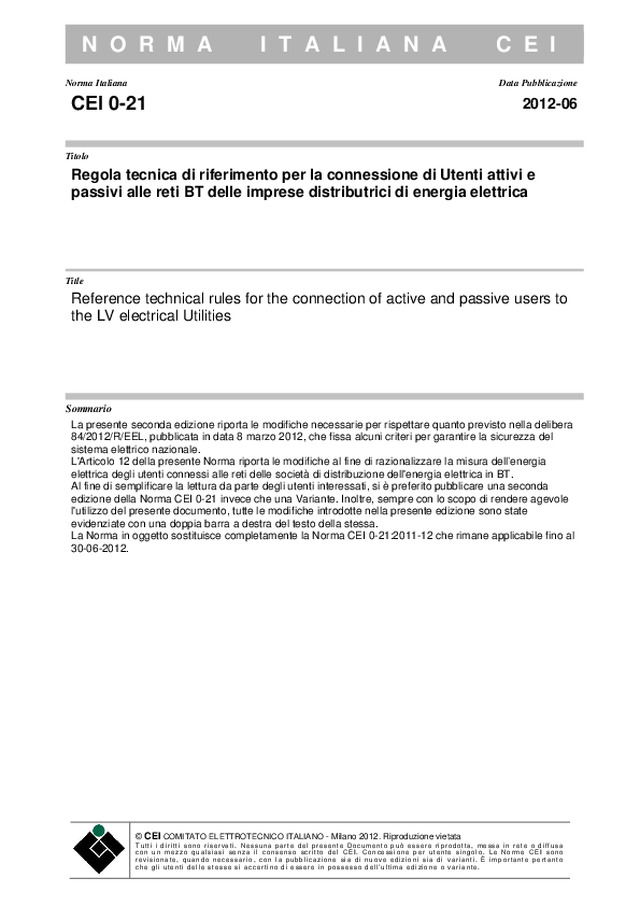Seconda edizione della norma CEI 0-21 con errata corrige
