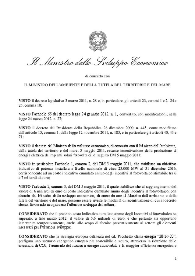 DM 5 luglio 2012 – Pubblicato il V conto energia
