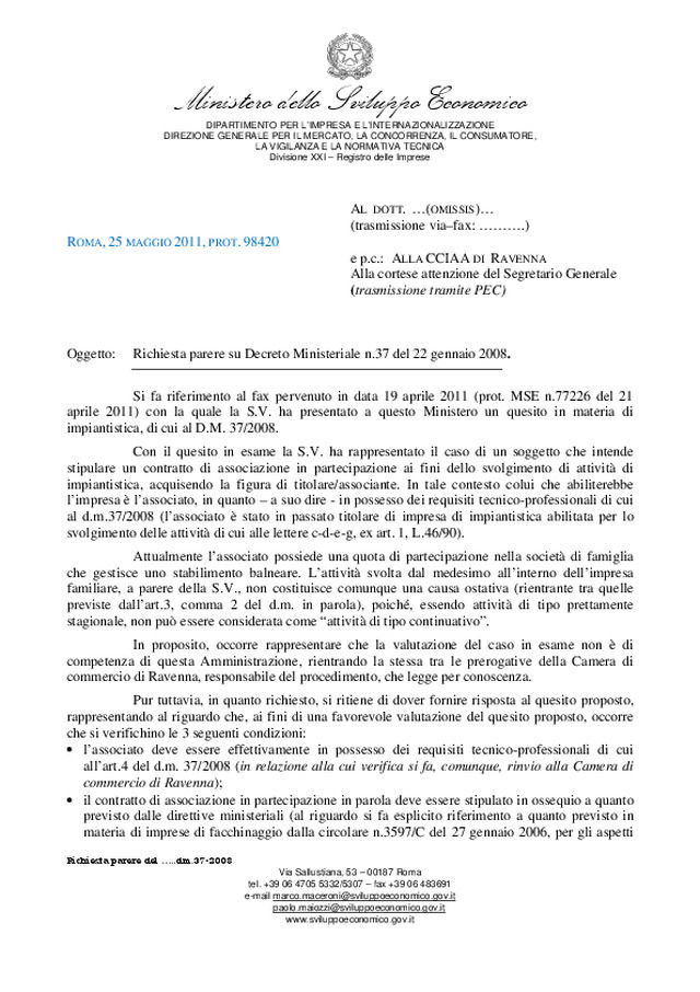 Installazione di impianti DM 37/08 - Parere MSE del 25 maggio 2011