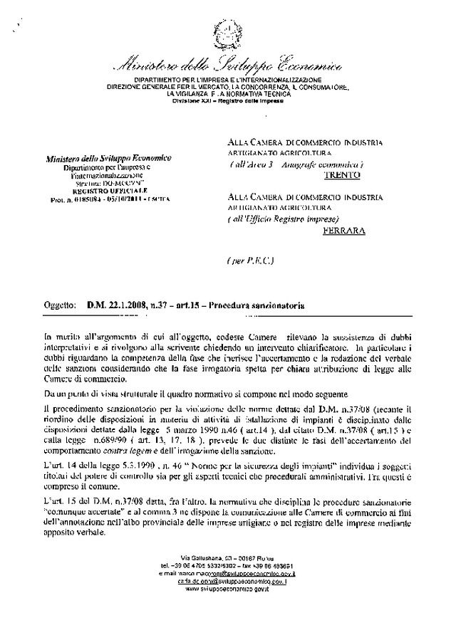 Sanzioni registro delle imprese per disapplicazione delle disposizioni dettate dalla legge 46/90 e dal DM 37/08