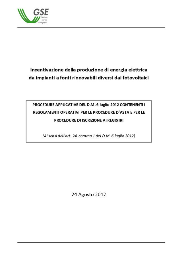 Il GSE pubblica le procedure applicative del DM 06/07/2012