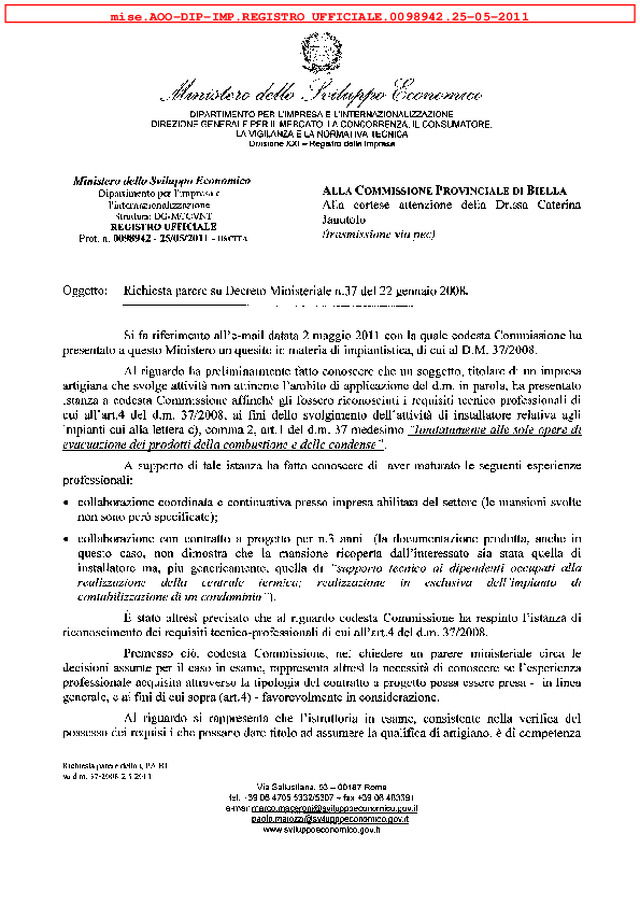 DM 37/08 - Parere alla Commissione provinciale di Biella del 25 maggio 2011