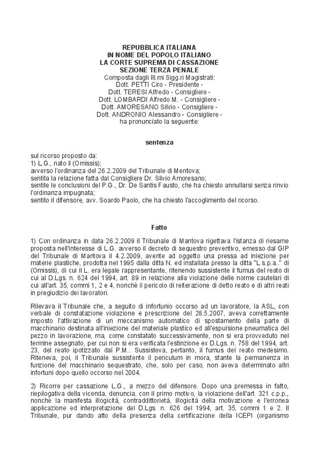 Sequestro per una pressa ad iniezione priva dei necessari requisiti di sicurezza