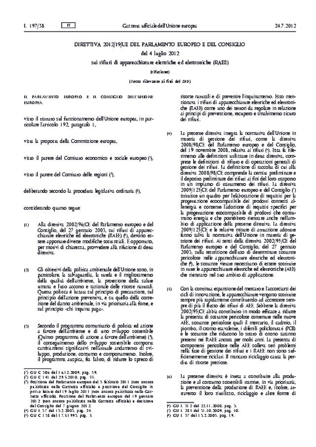 RAEE: Pubblicata la nuova Direttiva (2012/19/UE)