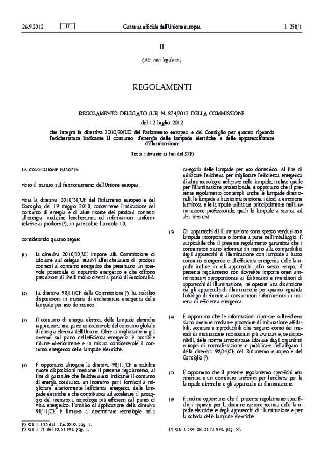 Nuova etichettatura energetica per le lampade elettriche dal 1 settembre 2013