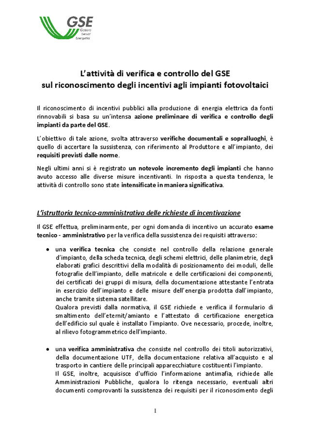 Attività di verifica e controllo degli impianti fotovoltaici: pubblicata una nota informativa sulle azioni svolte dal GSE tra il 2011 e il 2012