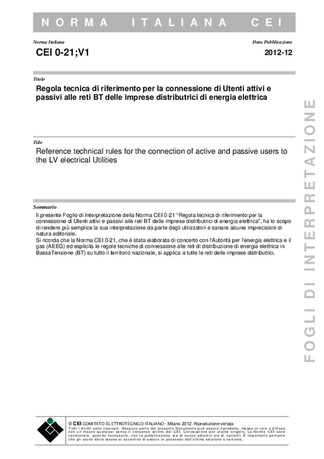 Interpretazione norma CEI 0-21