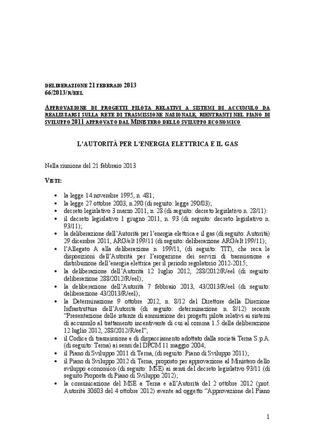 Deliberazione 21 febbraio 2013 66/2013/R/EEL