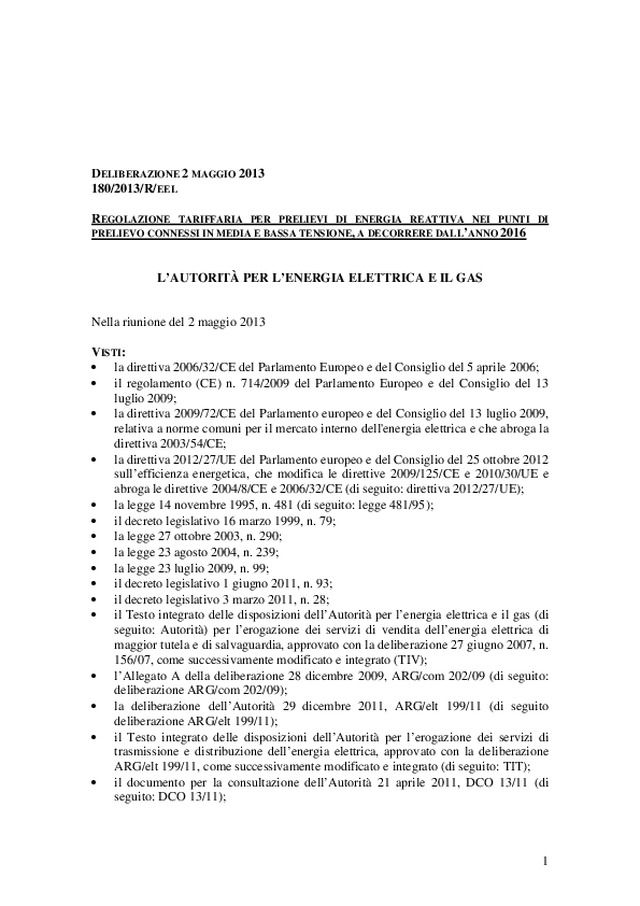 Delibera AEEG 2 maggio 2013 - 180/2013/R/EEL