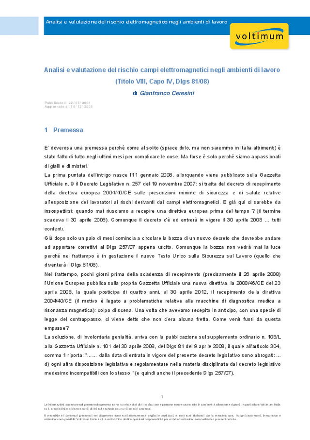 Analisi e valutazione del rischio campi elettromagnetici
