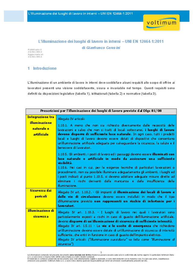 L’illuminazione dei luoghi di lavoro in interni - UNI EN 12464-1:2011