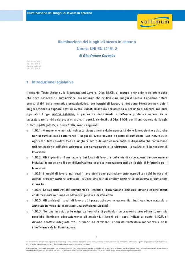 Illuminazione dei luoghi di lavoro in esterno Norma UNI EN 12464-2