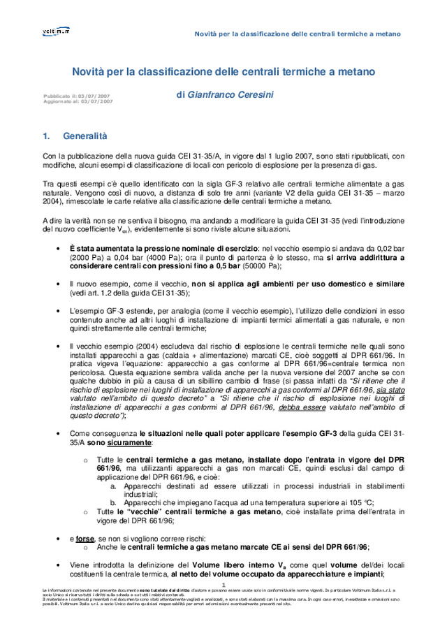 Novità per la classificazione delle centrali termiche a metano