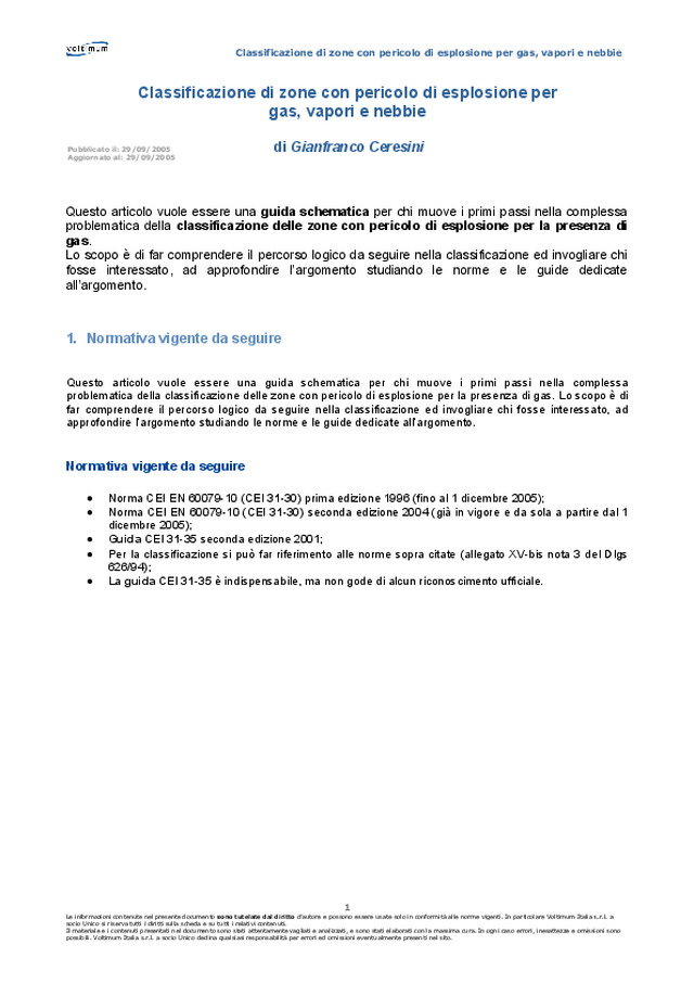 Classificazione di zone con pericolo esplosione per gas, vapori e nebbie