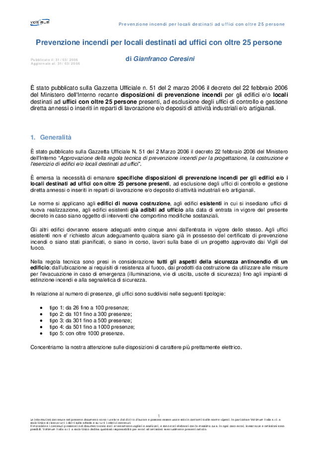 Prevenzione incendi per locali destinati ad uffici con oltre 25 persone