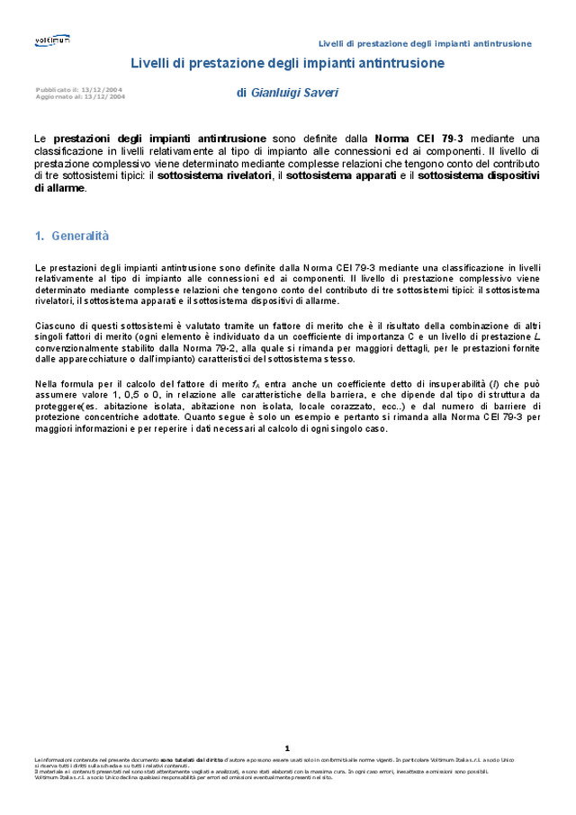 Livelli di prestazione degli impianti antintrusione