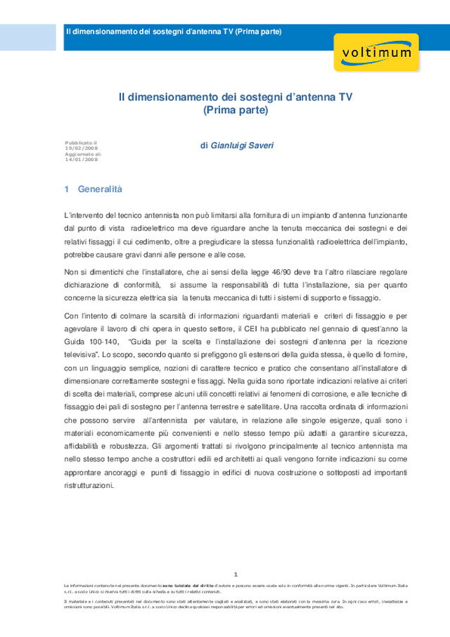 Il dimensionamento dei sostegni d’antenna TV (prima parte)