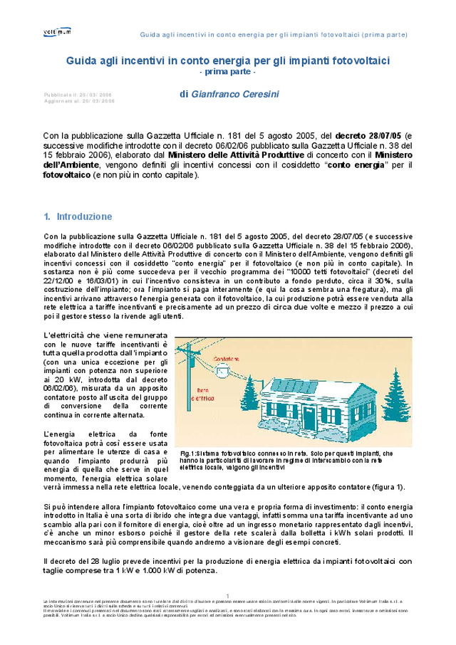 Guida agli incentivi in conto energia per gli impianti fotovoltaici (1° parte)