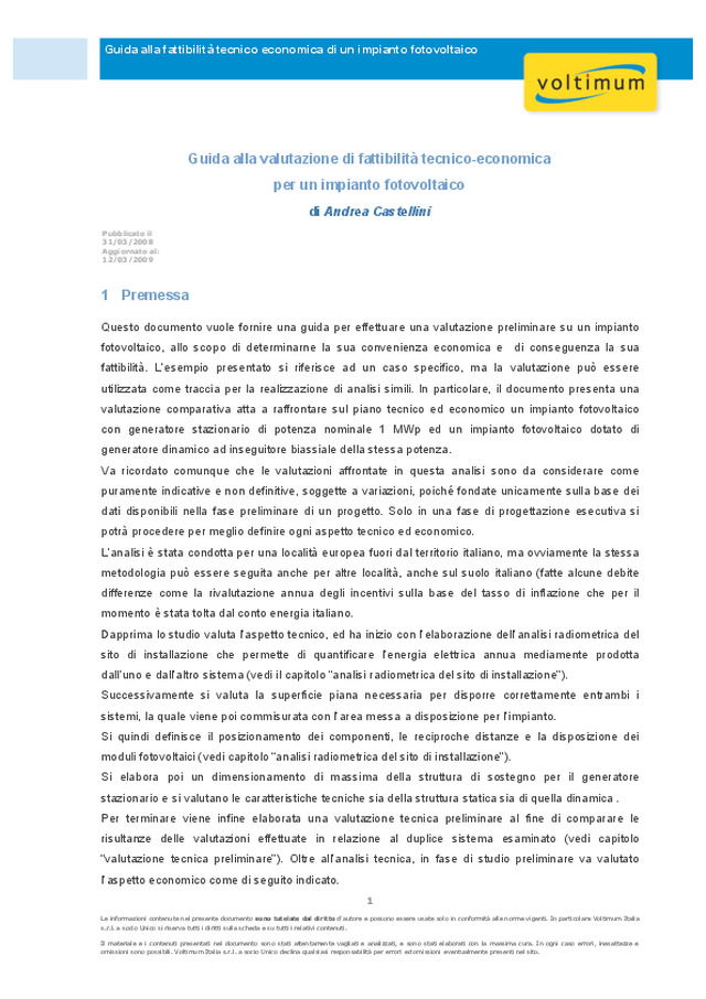 Valutazione di fattibilità tecnico-economica per un impianto fotovoltaico