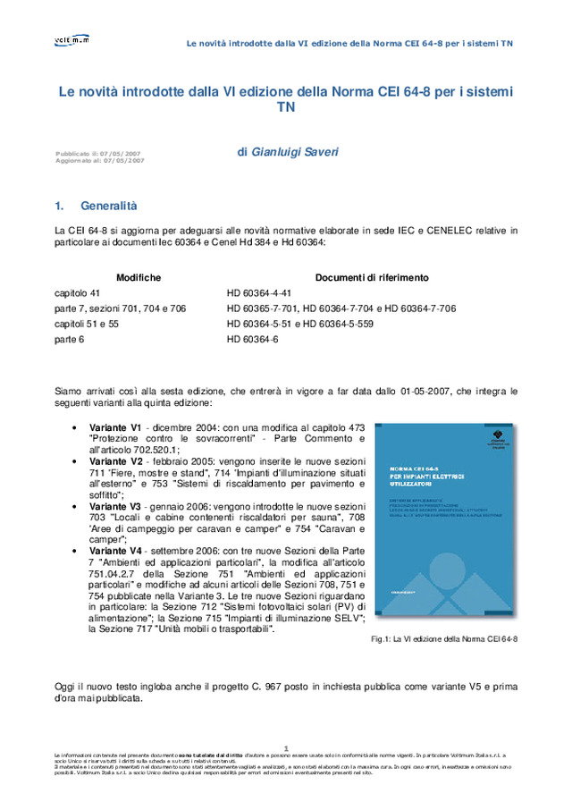 Le novità introdotte dalla VI edizione della Norma CEI 64-8 per i sistemi NT