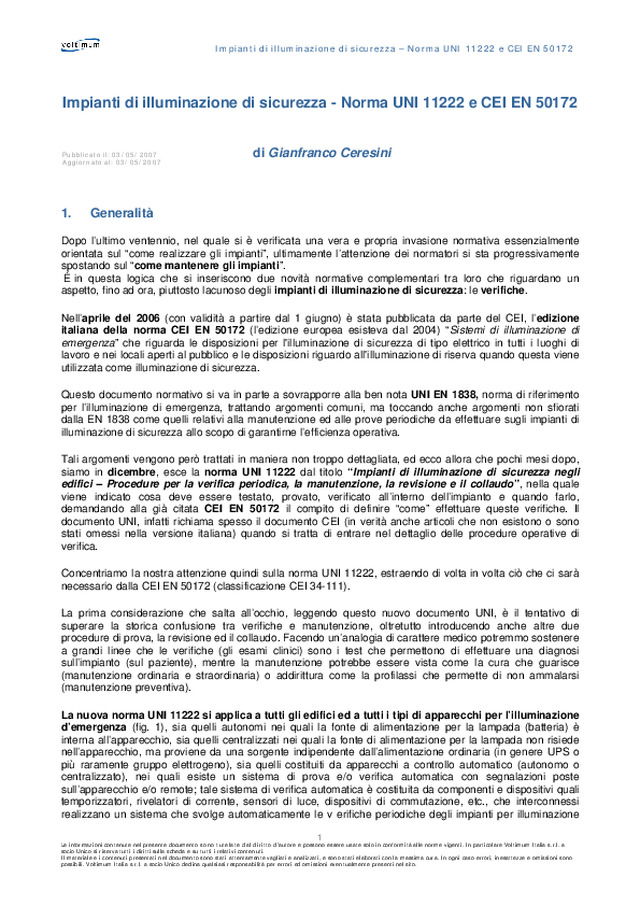Impianti di illuminazione di sicurezza - Norma UNI 11222 e CEI EN 50172