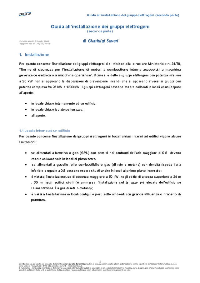 Guida all\'installazione dei gruppi elettrogeni (seconda parte)