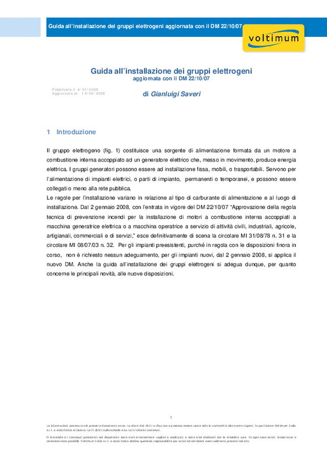 Guida all’installazione dei gruppi elettrogeni aggiornata con il DM 22/10/07