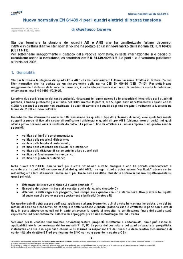 Nuova normativa EN 61439-1