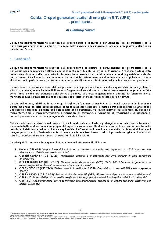 Gruppi generatori statici di energia in B.T. (UPS) - prima parte